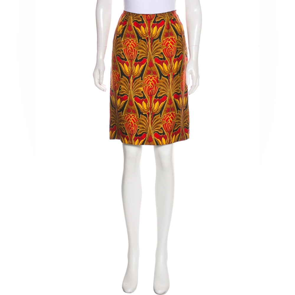 VTG Prada Women's Medium Floral Knee Length Gold/Black/Red Silk Skirt Bottom VG+